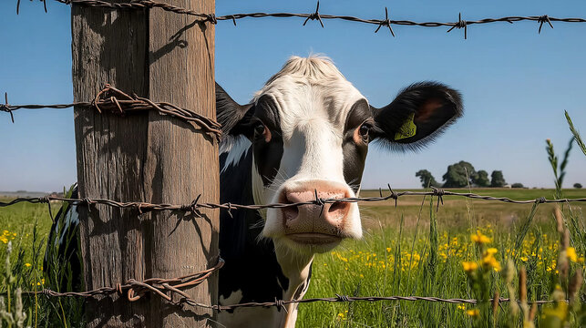 Cow looking through barbed wire fence in green field - Powered by Adobe