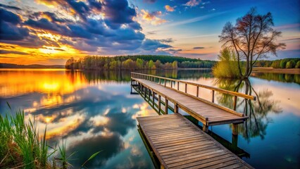 Fototapeta premium Low light illuminates Pobondzie Lake's spring pier, a captivating Polish landscape within the Suwalski Park.