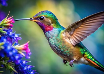 Fototapeta premium Macro lens captures hummingbird's intense focus amidst jewel-toned flower, nature's vibrant detail.