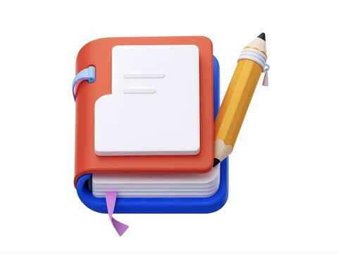 3D icon with blank white background,book and pencil Minimalist cartoon design. 3D render object.vector stock