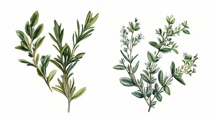 Rosemary and Winter savory Sprigs: An illustration featuring two types of culinary herbs, rosemary and winter savory, with their distinct leaves and flowers.
