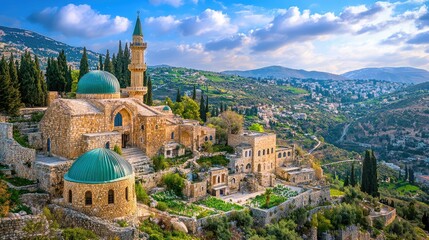 Naklejka premium Scenic Hilltop View of Historic Stone Building with Green Dome