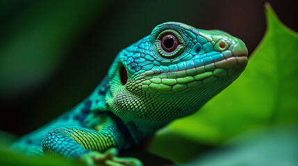 Obraz premium Striking green and blue lizard resting on vibrant foliage