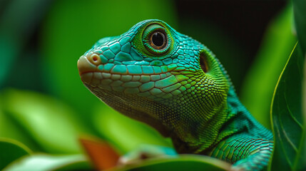 Fototapeta premium Striking green lizard posing on vibrant green foliage