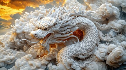 White dragon statue amidst clouds at sunset, ideal for cultural projects.