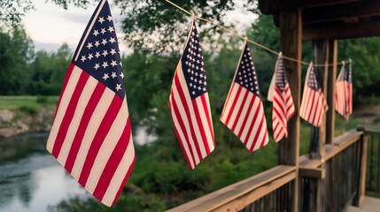 American flags hanging from a rope on a porch celebrating independence day
