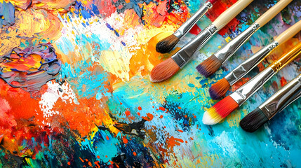 Fototapeta premium Artist's paintbrushes on vibrant palette, studio background, for creative design projects