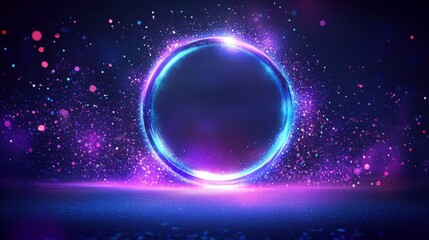 Fototapeta premium 53.A circular fantasy portal emanating intense blue and purple light, surrounded by shimmering particles and soft glowing mist, creating a dynamic and magical scene.