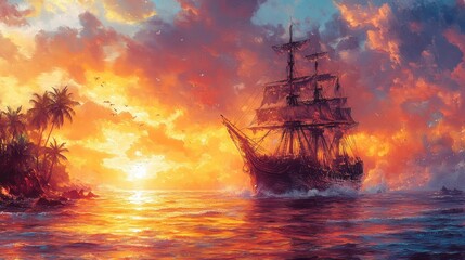 Obraz premium Sunset over tropical island with sailing ship. (2)