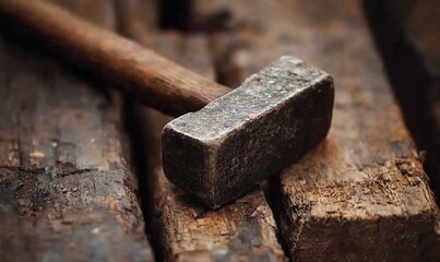 Old hammer on weathered wood, construction site