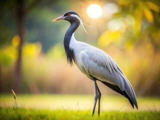Fototapeta premium Rule of thirds composition highlights a graceful pale grey and white demoiselle crane.