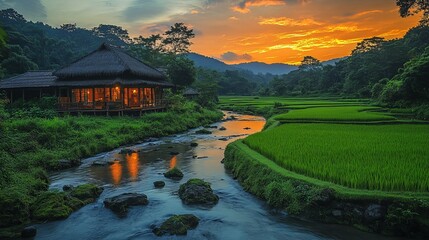 Serene sunset over lush rice fields and stream with rustic hut