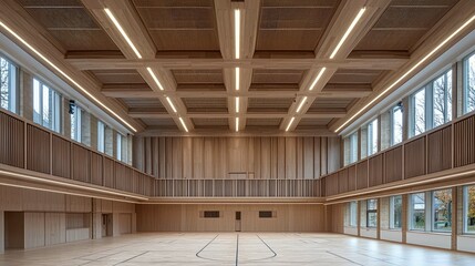 Modern Wood Hall Interior: Geometric Design, Clean Lines, and Bright Spacious Room.  A Calming and Serene Architectural Masterpiece.