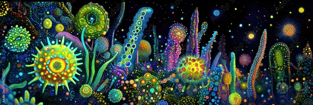Aufkleber vibrant microscopic landscape showcasing glowing viruses in a colorful ecosystem. generative ai