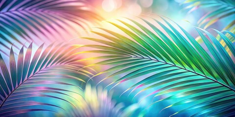 Fototapeta premium Iridescent Palm Leaves in Tilt-Shift Photography Against a Soft Pastel Background for Tropical Elegance, Nature Aesthetic, Botanical Art, and Summer Vibes