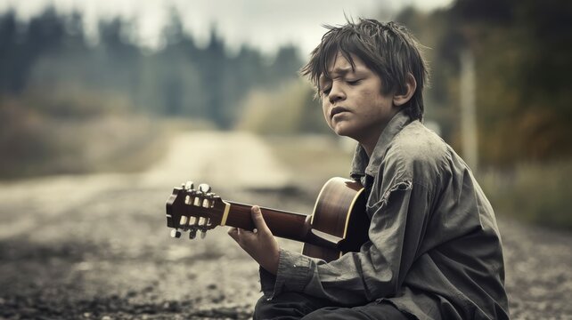 Young boy playing guitar on a dirt road, evoking solitude and emotion in a rural setting