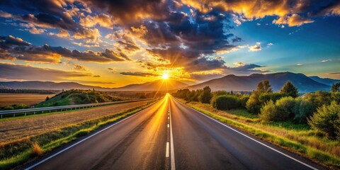 Stunning sunset paints the sky above a winding road, capturing the essence of scenic travel photography.