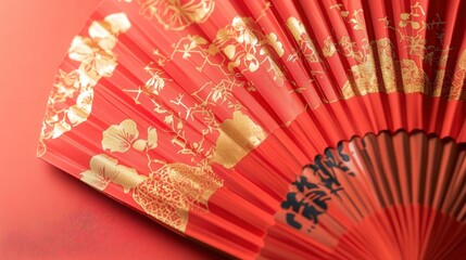bamboo fans with traditional red and gold Chinese New Year designs, styled neatly on a clean background.
