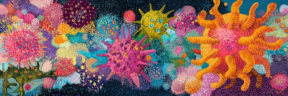 Leinwandbilder virus transformation and mutation in vibrant colors showcasing diverse cellular structures and proce