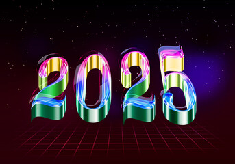 3d Rendering illustration of a glowing retro 2025 design