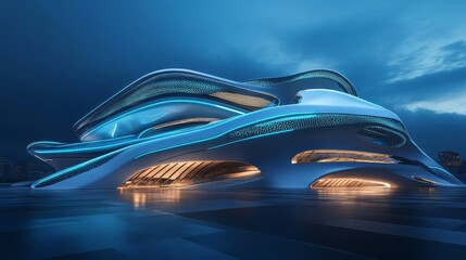 Naklejka premium 15.A 3D-rendered futuristic building with flowing organic shapes, illuminated with a combination of blue and white neon lights against a dark void background.