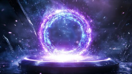 50.A glowing circular portal in neon blue and purple tones, surrounded by sparkling particles and radiant light rays, hovering above a sleek metallic podium.