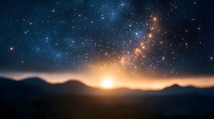 Naklejka premium Stunning Portrayal of the Solar System Under a Starry Night Sky with a Dramatic Sunset Landscape