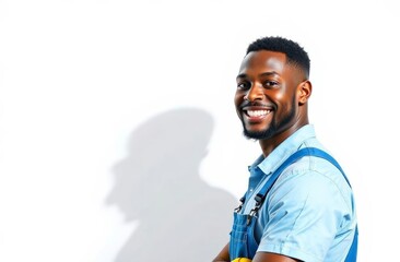A man wearing blue overalls and a light blue shirt stands confidently with a bright smile. His cheerful demeanor adds vibrancy to the minimalist backdrop, enhancing the positive atmosphere. Copy space