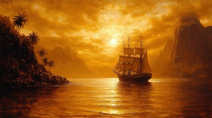 Obraz premium Sunset sail ship tropical bay.