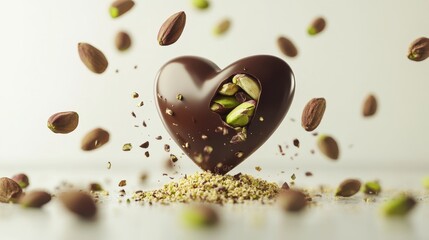 Fototapeta premium Love Dubai Chocolate Kunafa Pistachio for valentine on white background,Dubai Chocolate bar with green kadayif and pistachio spread,popular and viral chocolate 2025,space for text.