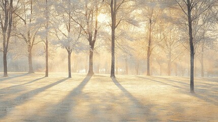 Frosty Morning Light Through Trees in a Serene Winter Landscape