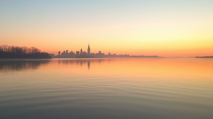Serene Sunrise Over New York City Skyline Reflected in Water