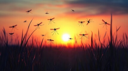 Obraz premium Silhouetted Mosquitoes Against a Vibrant Sunset in a Field
