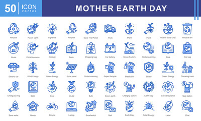 Mother Earth Day icon collection set. Containing solar panel, save the planet, sprout, recycle, green factory, water faucet, plant and green earth icon.