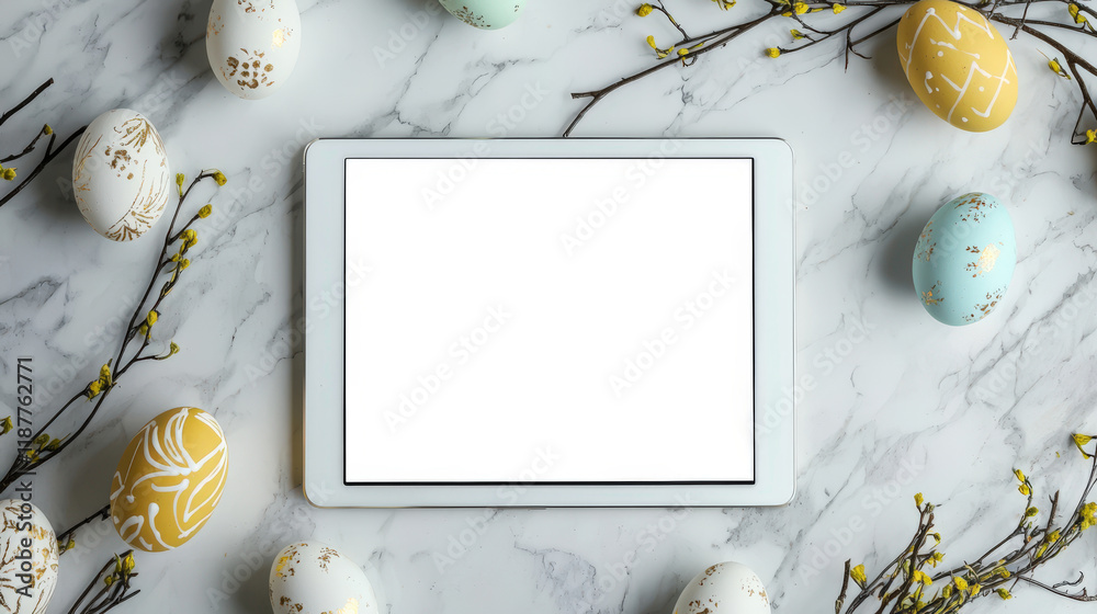 Wall mural Happy Easter. A modern tablet lies on a marble surface surrounded by stylish Easter eggs and flowering branches, top view. Mockup of a tablet for the presentation of a website or app