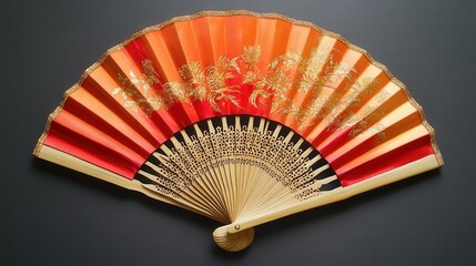 decorative bamboo woven fan with embroidered red fabric inserts and golden fringe, styled for a festive atmosphere
