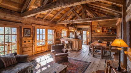 Cozy Rustic Cabin Interior with Wood Accents and Natural Light