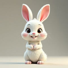 Obraz premium A playful white rabbit sits upright with a cheerful expression. Its large eyes and fluffy ears create an adorable appearance. It is set against a simple, neutral background, enhancing its charm.