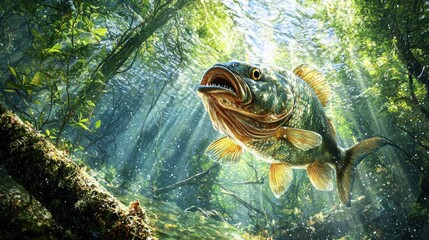 Majestic Fish in Lush Forest Waterscape