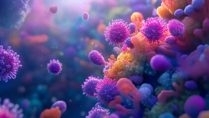 Microscopic view of vibrant, colorful viruses and cells.