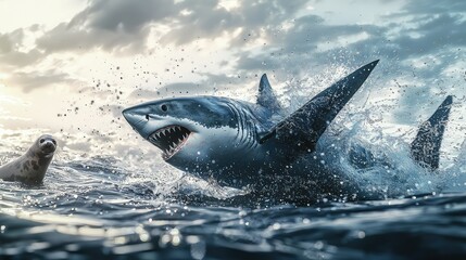 Fototapeta premium Great White Shark Attacking Seal in Ocean Waters During Sunset