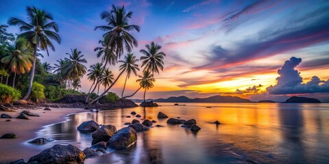 Low Light Photography of Thailand's Koh Mak Beach at Sunset - Serene Tropical Landscape, Vibrant Colors, Calm Waters, Scenic Evening Views