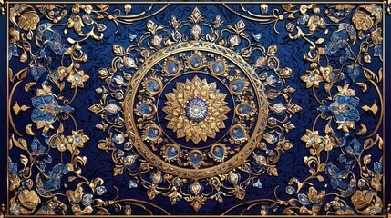 Fototapeta premium Opulent Mandala: Blue and Gold Luxury Ornament, Vintage Jewel Pattern, Decorative Design, Intricate Detail, Elegant Background, Royal Style, Geometric Art