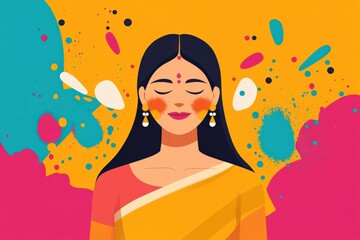 Vibrant Portrait of a Woman Celebrating Holi with Colorful Splashes and Traditional Attire in a Festive and Joyful Atmosphere
