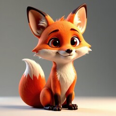Obraz premium A charming cartoon fox character with bright orange fur and large eyes sits down. Its bushy tail curls playfully, radiating warmth and friendliness.