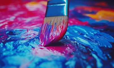 Fototapeta premium Paintbrush mixing vibrant colors on palette