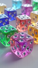 Colorful translucent dice. AI.