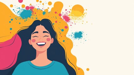 Vibrant Illustration of a Young Woman Smiling Against a Colorful Abstract Background Featuring Splashes of Paint and Joyful Expressions