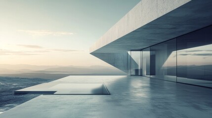 8.A stark, angular architectural design with large glass panels and exposed concrete flooring, set in a vast, empty horizon for a futuristic aesthetic.