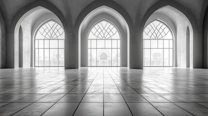 Fototapeta premium Three large arched windows in a mosque interior, showcasing a distant view.